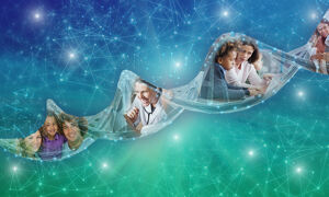 DNA double helix running across a blue and green background with different societal themes embedded in the structure. From left to right; a family, a doctor, a child and teacher.