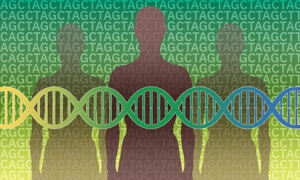 A DNA strand, yellow at the left end blue at the right end and green in the middle where they both meet. In the background are three human silhouettes and DNA sequence information.