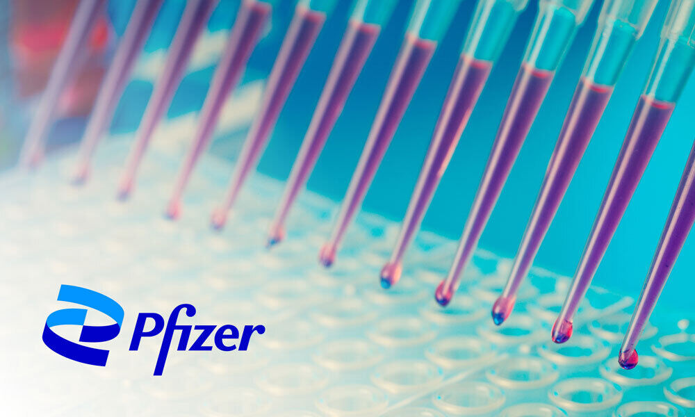 Pfizer logo with pipette tips in the background