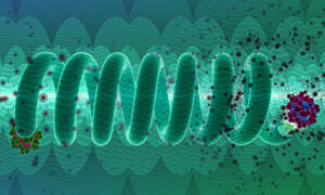 Abstract illustration of nanoparticles flowing inside helicoidal nanotube
