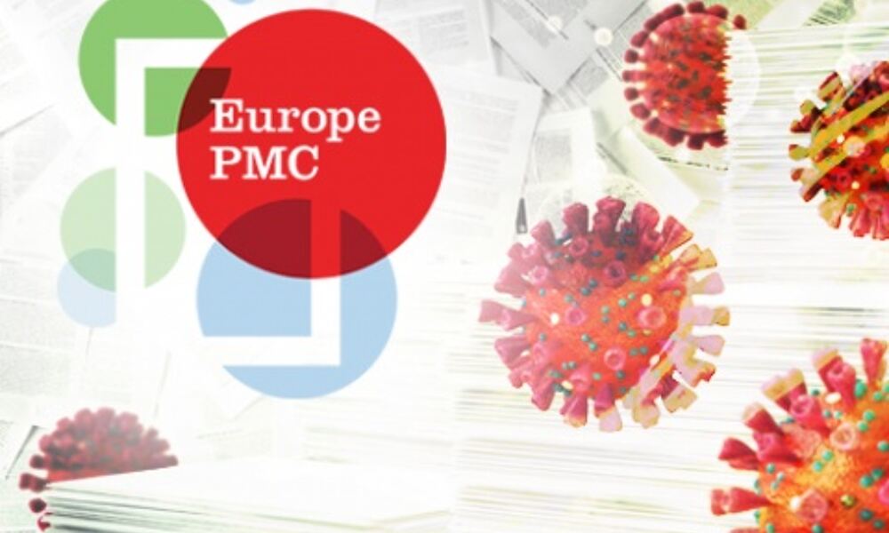 Europe PMC logo with red viral particles floating around it. Credit: Spencer 
Phillips/EMBL, iStock
