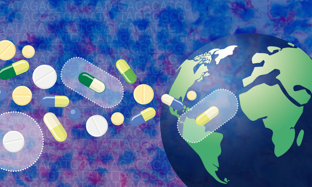 Different drugs to represent TB treatments, a globe to show global collaborations. In the background is a microscopy image of