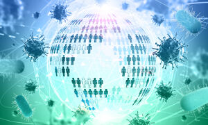 Illustration showing globe made of human figures, with viruses and bacteria floating around. This illustrates the idea of sharing pathogen data.