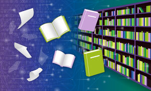 图中左侧是一页纸，中间是四本书，右侧是一个排列整齐的书架，以说明使用数据标准组织生物数据的过程。