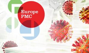 Europe PMC logo with red viral particles floating around it. Credit: Spencer 
Phillips/EMBL, iStock
