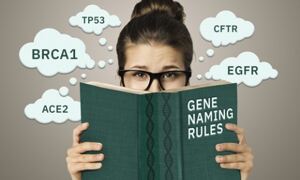 A woman with glasses holds a book. The book cover says "Gene naming rules". 
Thought bubbles float around her head and display gene symbols like BRCA1.
