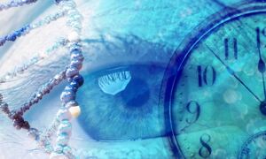 DNA strand and clock superimposed on left eye. Photo: Adobe Stock
